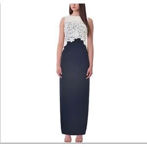 Lauren Ralph Lauren Formal Gown Maxi Dress Size 6 White Lace Navy Blue Evening